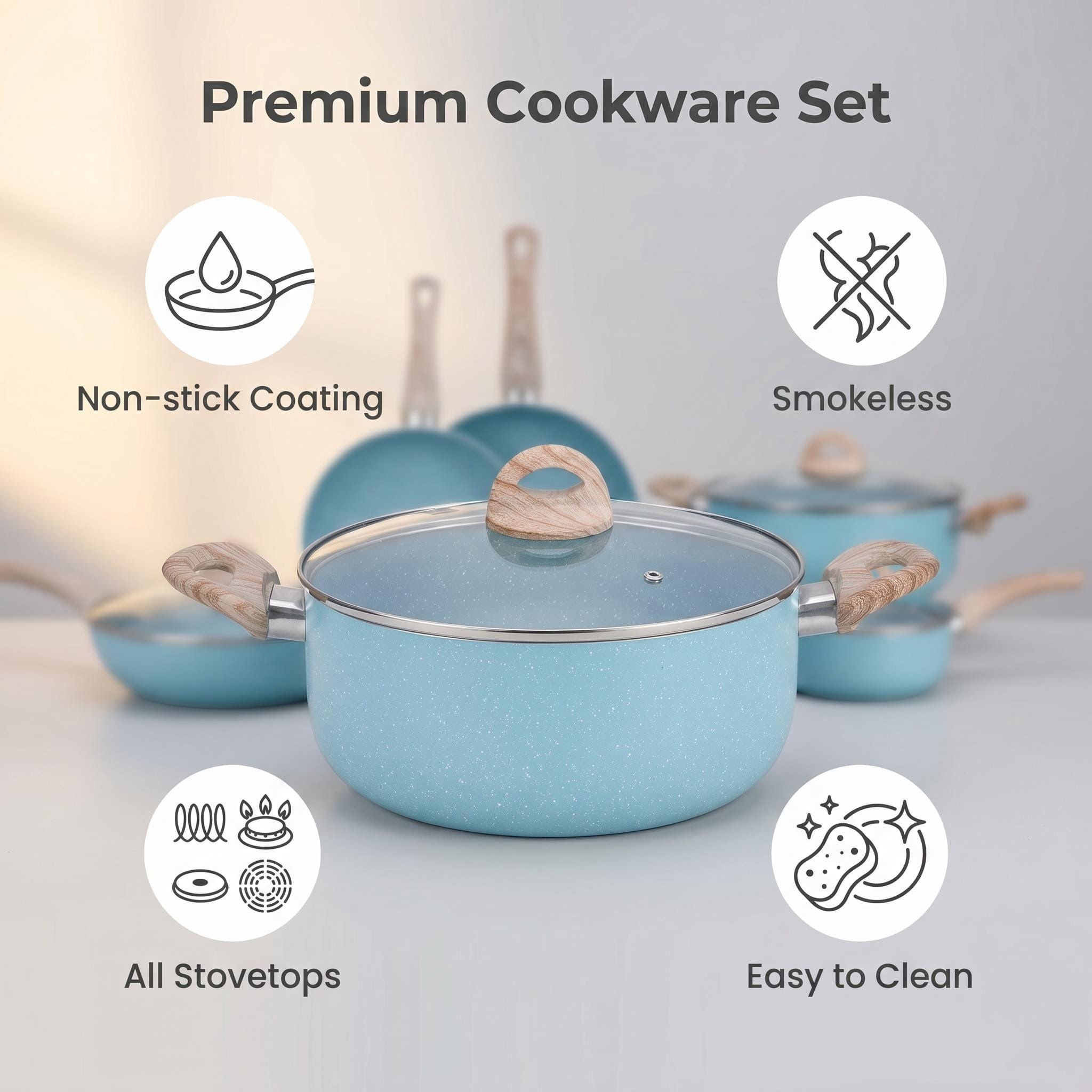 Luxury Classic Aluminum Cookware Set Non-Stick Marble Coating Frying Pan Casserole Pots Large Cooking Pot Set