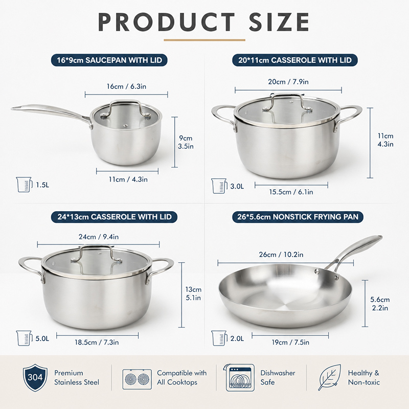 TIANXING 5 Ply Stainless Steel Cookware Set Premium Fully Clad Multi Ply Pots and Pans Heavy Duty Professional Restaurant Supply