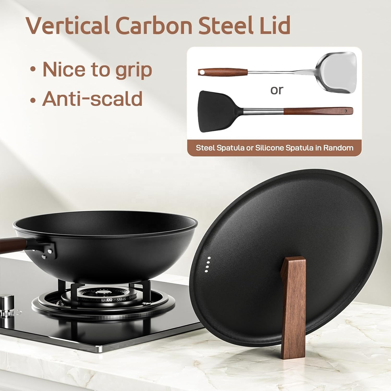 13-Inch Wholesale High Quality Stir-Fry Pans No Chemical Coated Cookware Carbon Steel Wok Pan Non-Stick With Lid Woks