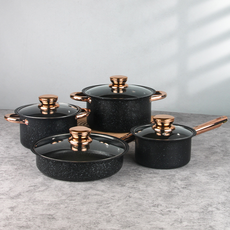 8-Piece Thicken Marble Coated Non-Stick Cookware with Gold-Plated Handle Cookware Kitchenware