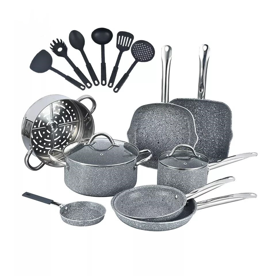 Best Selling Kitchenware Gray Granite Coating with Induction Bottom Cookware Set Non Stick Pot Pan Aluminum Cookware Sets
