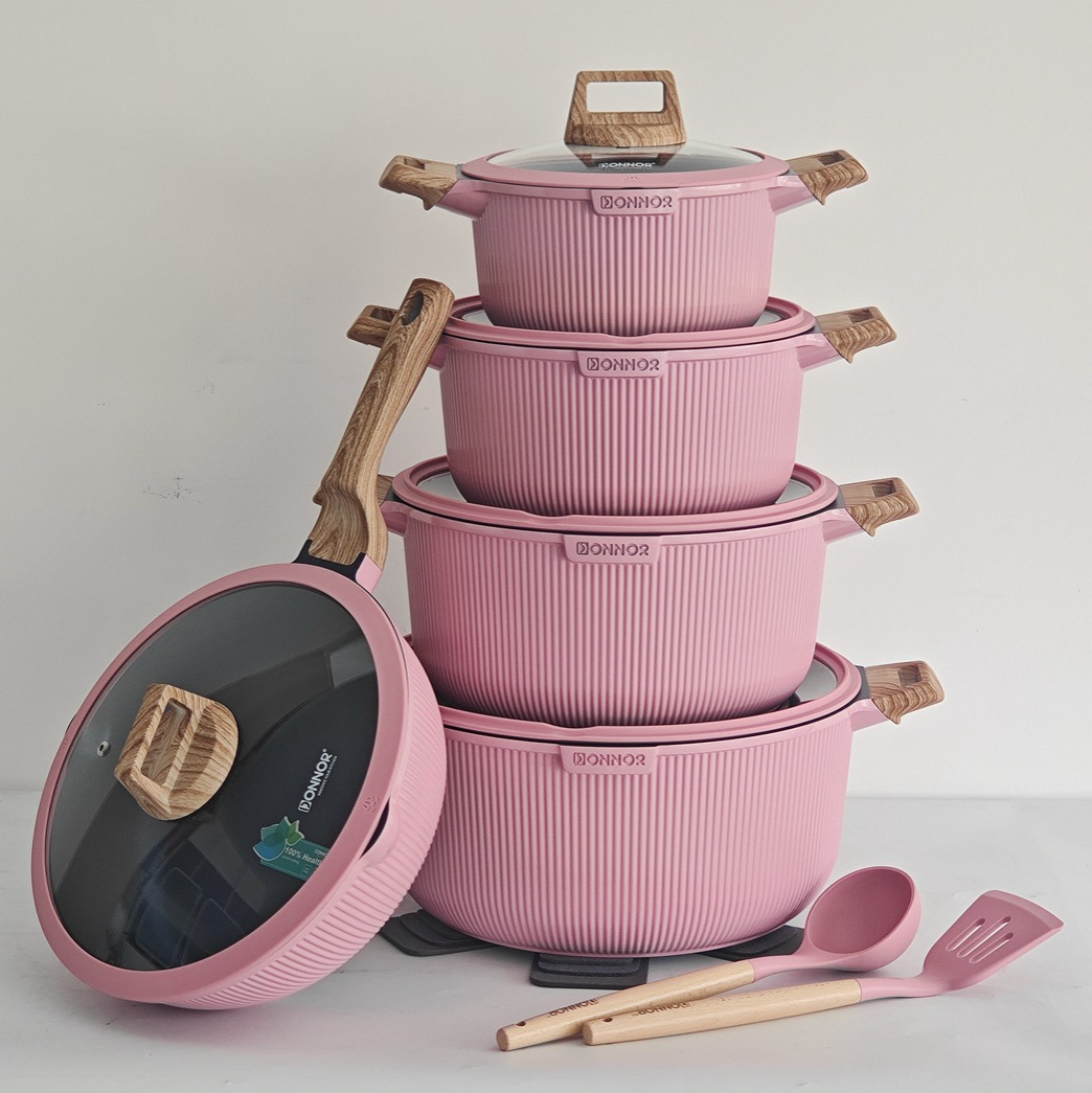 Premium Non-stick Cookware Set with Heat-Resistant Wooden Handles, 15-Piece Kitchen Cookware for Frying, Boiling &amp; Stewing
