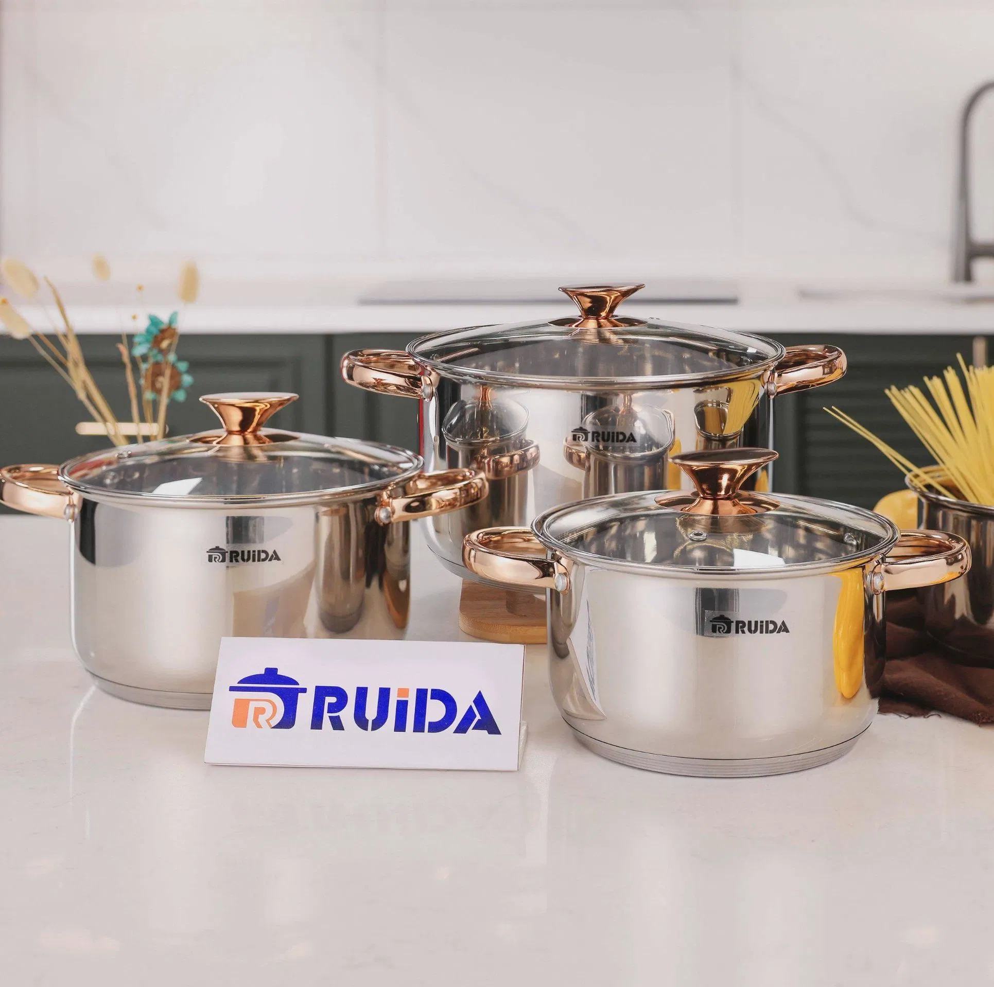 Cast Iron Cooking Ware 8PCS Stainless Steel Cookware with Gold Plated Handle