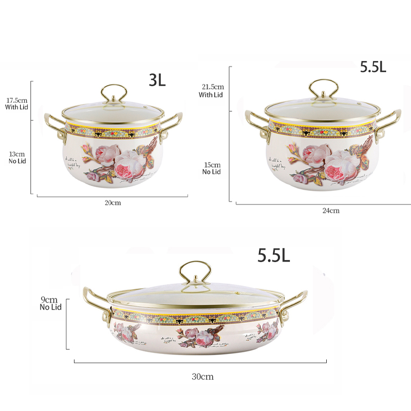 Wholesale Customized 20/24/30cm 3pcs Gas Enameled Steel Cooking Casserole Soup Stock Pots Enamel Printed Pot Set Cookware