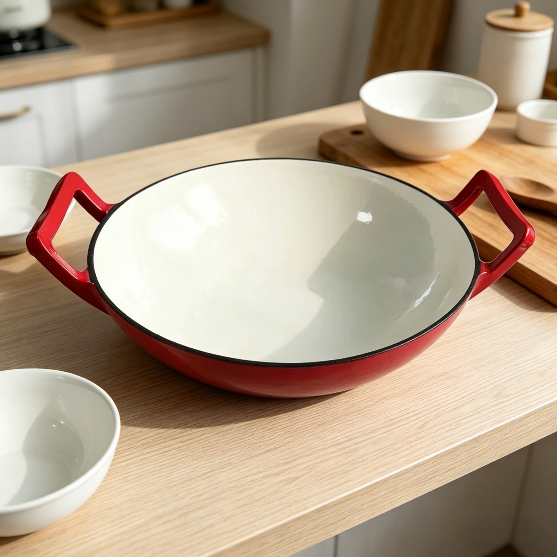 Gloss Red Enamel Cast Iron Wok Double Handle Induction Gas Compatible Chinese Frying Pan