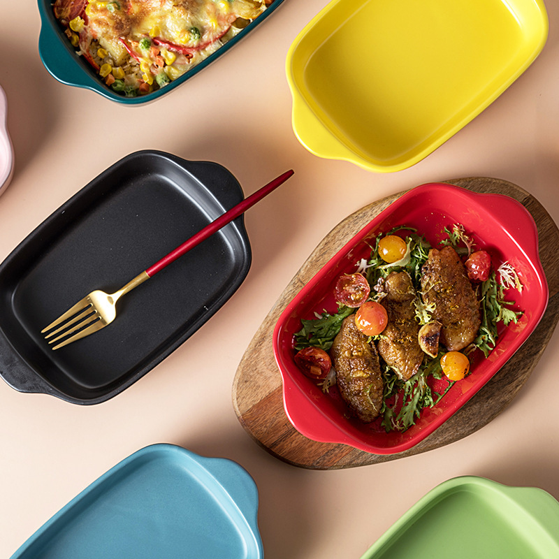 Colorful Glaze Ceramic Eco-Friendly Disposable PTFE Coated Baking Dish Set Double-Handle Tray Pizza Pan for Oven Home Kitchen
