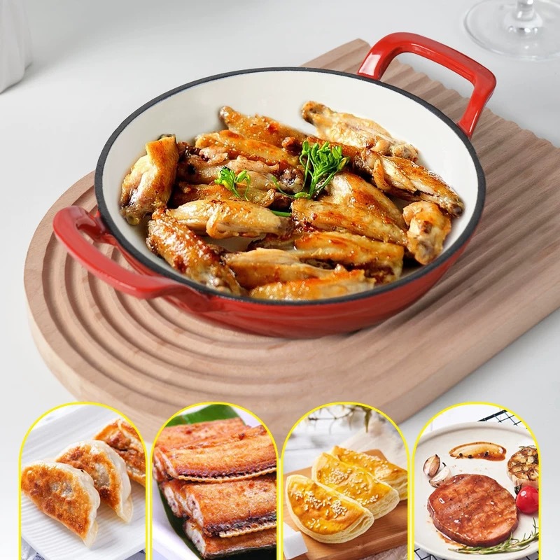 Gloss Red Enamel Cast Iron Wok Double Handle Induction Gas Compatible Chinese Frying Pan