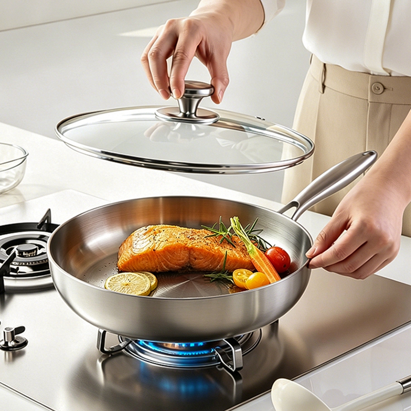 Customize Tri-Ply Frying Pan 22CM 18/8 304 Stainless Steel Pan With Lid Induction Cooking Pan Kitchen Frying Pan