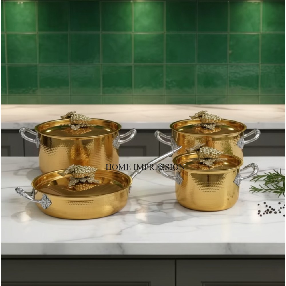 Premium Quality High Grade Gold Plated Modern Non-Stick Oven Safe Grapes Ornate Lids Luxury Stainless Steel Casseroles