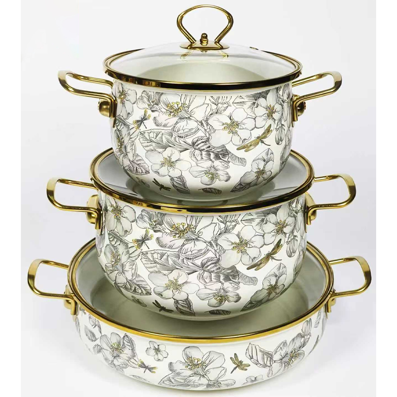 Wholesale Customized 20/24/30cm 3pcs Gas Enameled Steel Cooking Casserole Soup Stock Pots Enamel Printed Pot Set Cookware