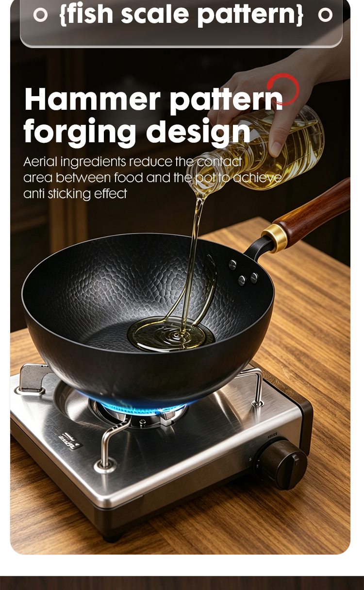Wok Pan Hammered Wok Fish Scale Texture Stir Fry Pan Scratch Resistant Fast Heating Cookware for Gas and Induction