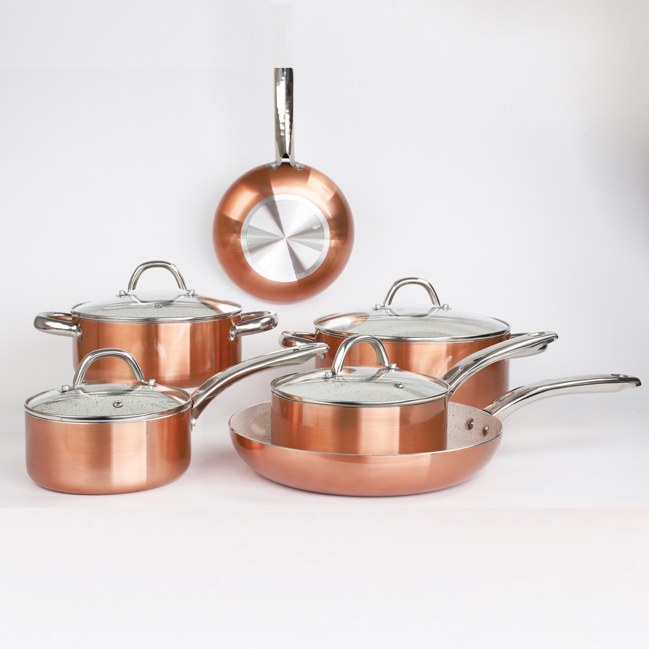 10PCS Copper Pots Pans Set Non-Stick Surface Metallic Cookware with Induction/Spiral Bottom