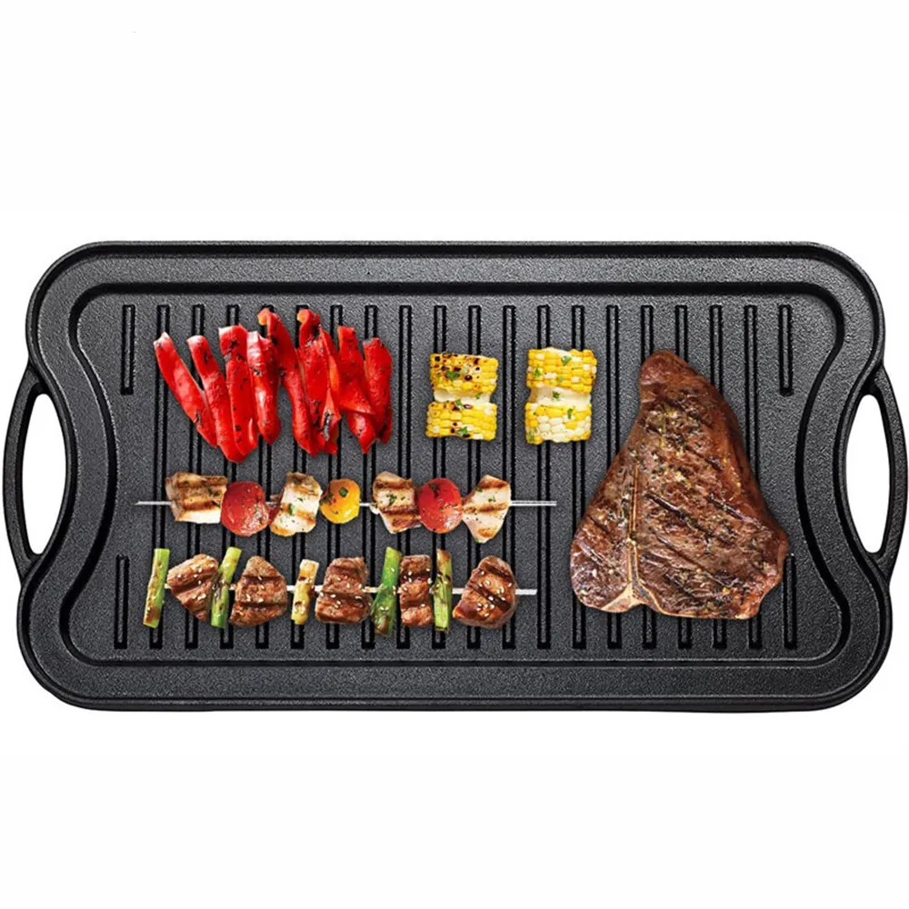 Cast Iron Grill Pan Rectangular Griddle Plate Double Used BBQ Grill Pan Home or Outdoor Garden Cookware