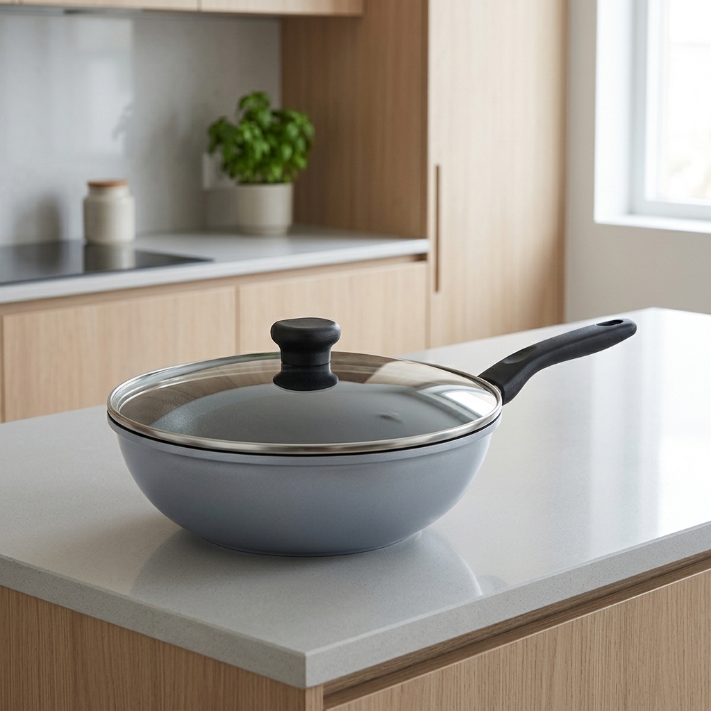 2026 Trending Grey Non-stick Wok Pan 30cm with Lid, Professional Die-cast Aluminum Stir Fry Pan with Cool-touch Bakelite Handle,