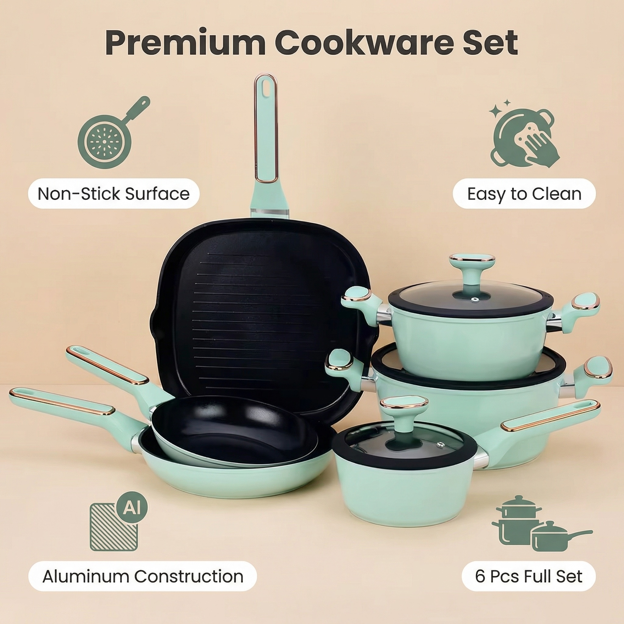 High Quality Ceramic Coating Cooking Pot Set Non Stick Glass Lid Silicone Handle Custom Kitchen Cookware Sets for Home Use