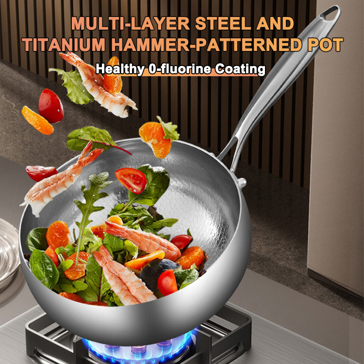 High Quality Thickened Multi-layer Steel Titanium Patterned No Coating Non Stick Wok Soup Pot With Lid