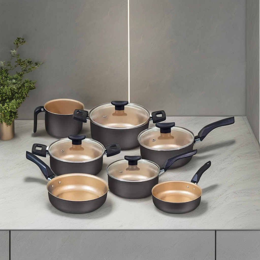 Factory-Direct Classic 11-Piece Durable Aluminum Pressed Healthy Non Stick Cookware Set with Glass Lids and Plastic Handles