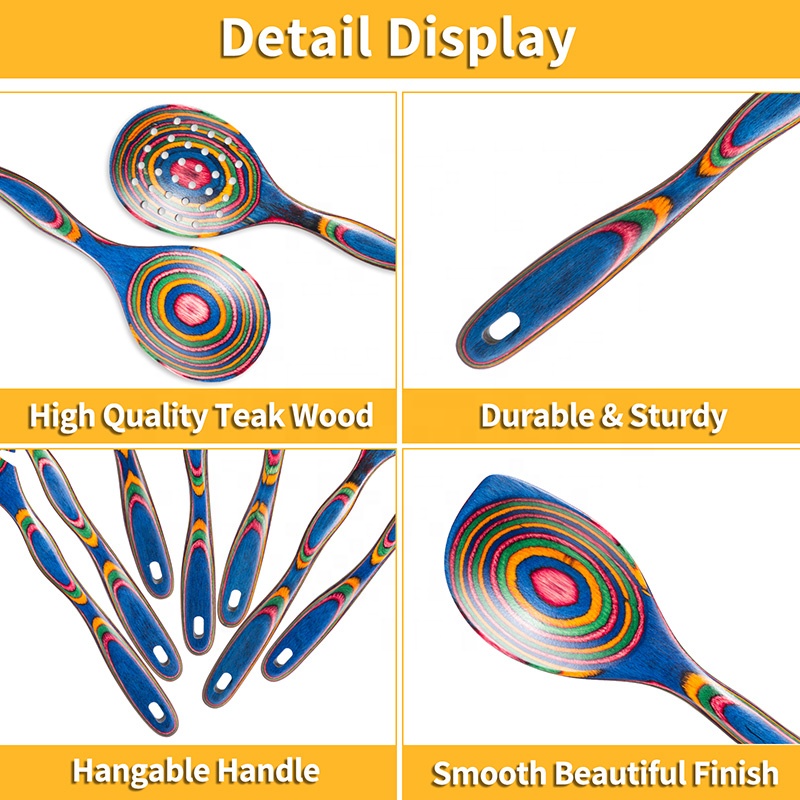 Blue Pakka Wood Utensils Set of 7 Eco-Friendly Kitchen Cookware with Acacia Wood Handle New Design
