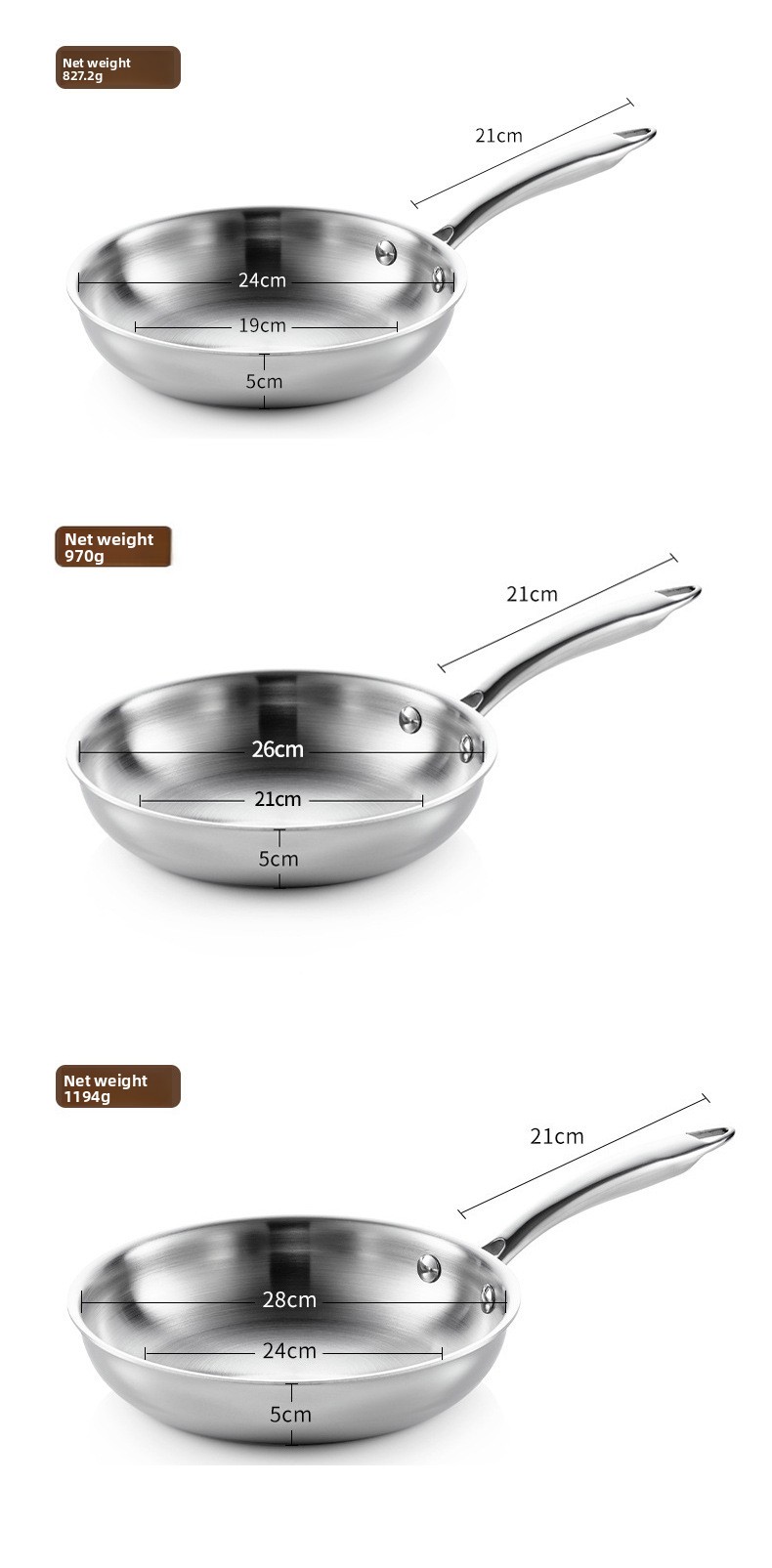 Customizable SUS304 Stainless Steel Non-StickFrypan 18-28cm Multifunction Professional Skilletfor Induction Cooktop Gas Stove