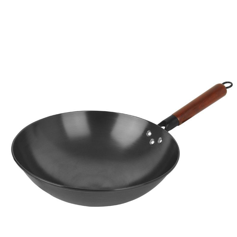 Lightweight Cast Iron Woks and Stir-Fry Pans with Wooden Handle for Kitchen Cooking on Gas Induction Stove