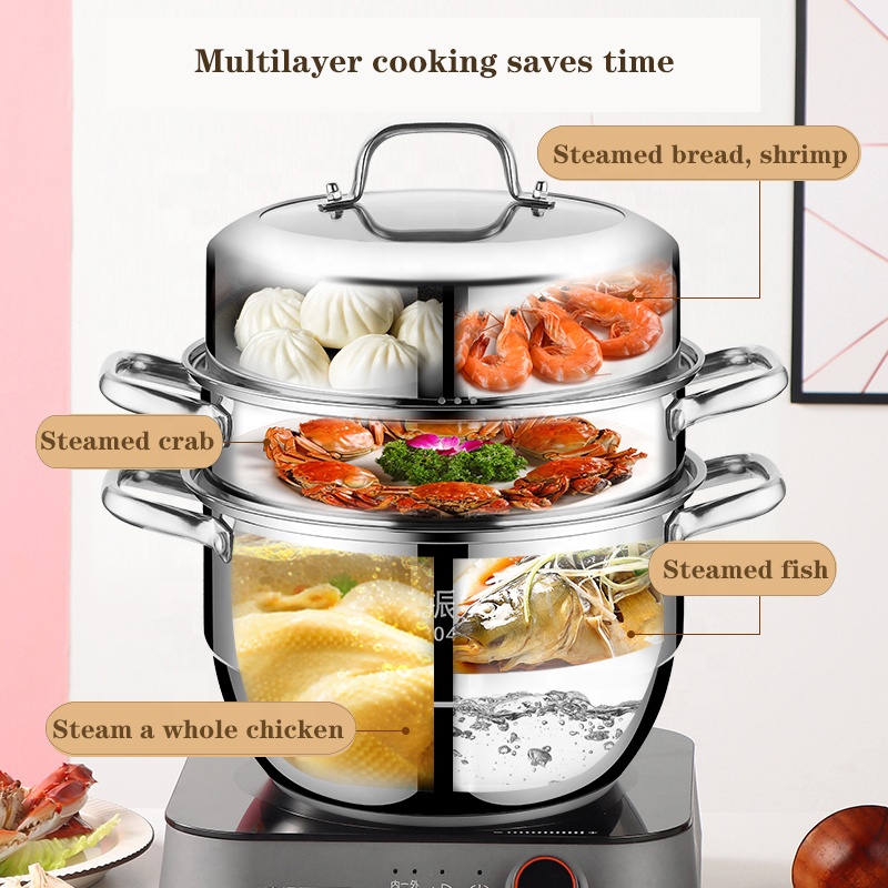 Zhenneng 28cm 3-Tier Stainless Steel Steamer Pot Couscous Steamer Stock Pot Professional Kitchen Stainless Steel Cookware Set