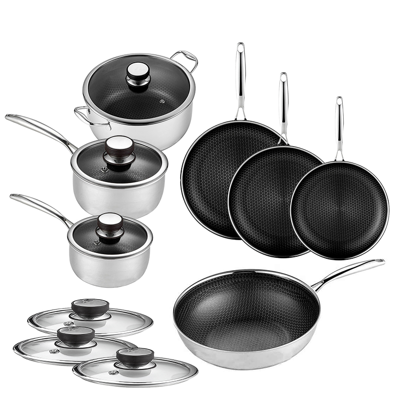 13 Pcs Hex Hybrid Cookware Set W/ Lids Stainless Steel Wok Kitchenware 3-ply Stainless Steel Honeycomb Non Stick Wok Pans
