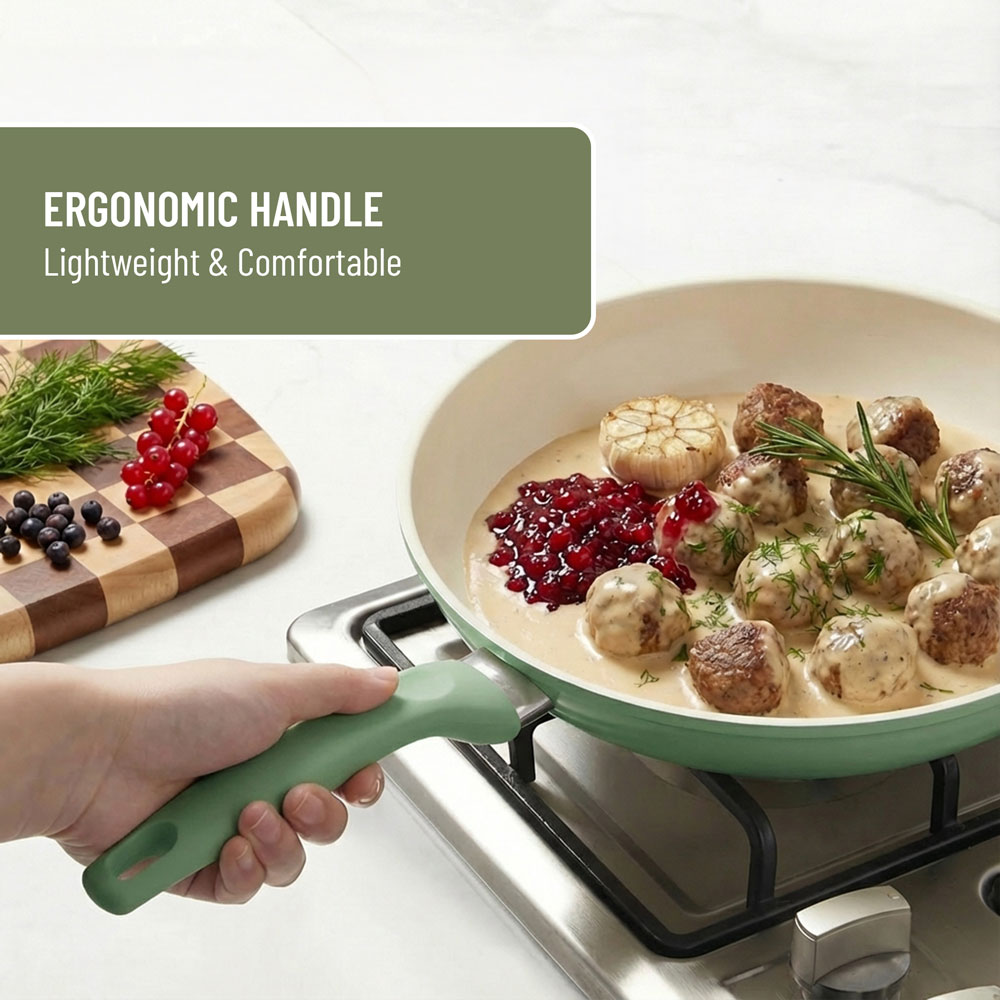 E-Top Green Die Cast No Lid Frying Pan Cookware Kitchen Tool Egg Cake Vegetable Pasta Cooking Skillet with Ergonomic Handle