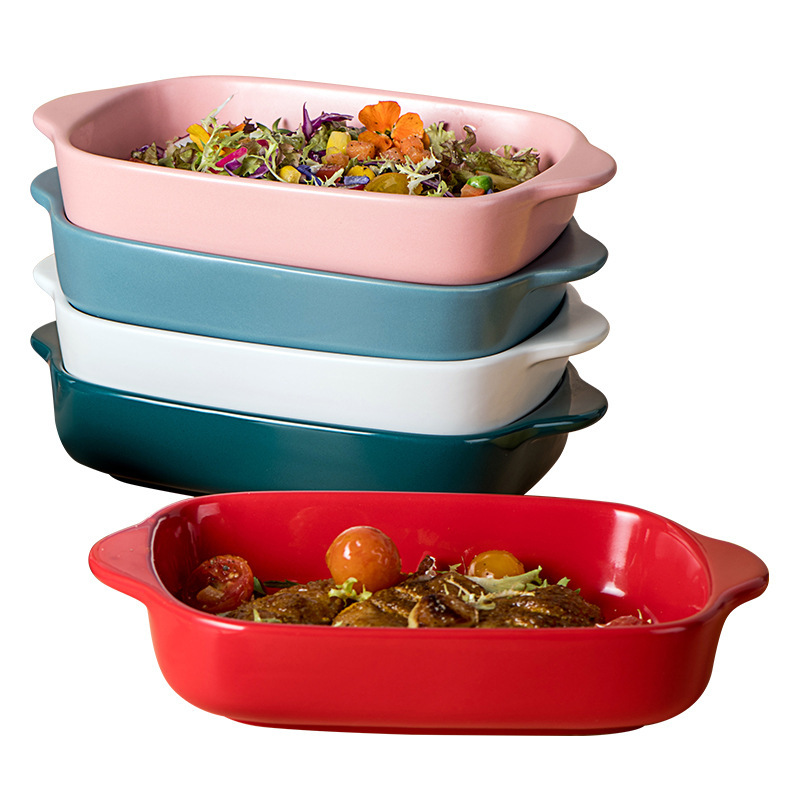 Colorful Glaze Ceramic Eco-Friendly Disposable PTFE Coated Baking Dish Set Double-Handle Tray Pizza Pan for Oven Home Kitchen