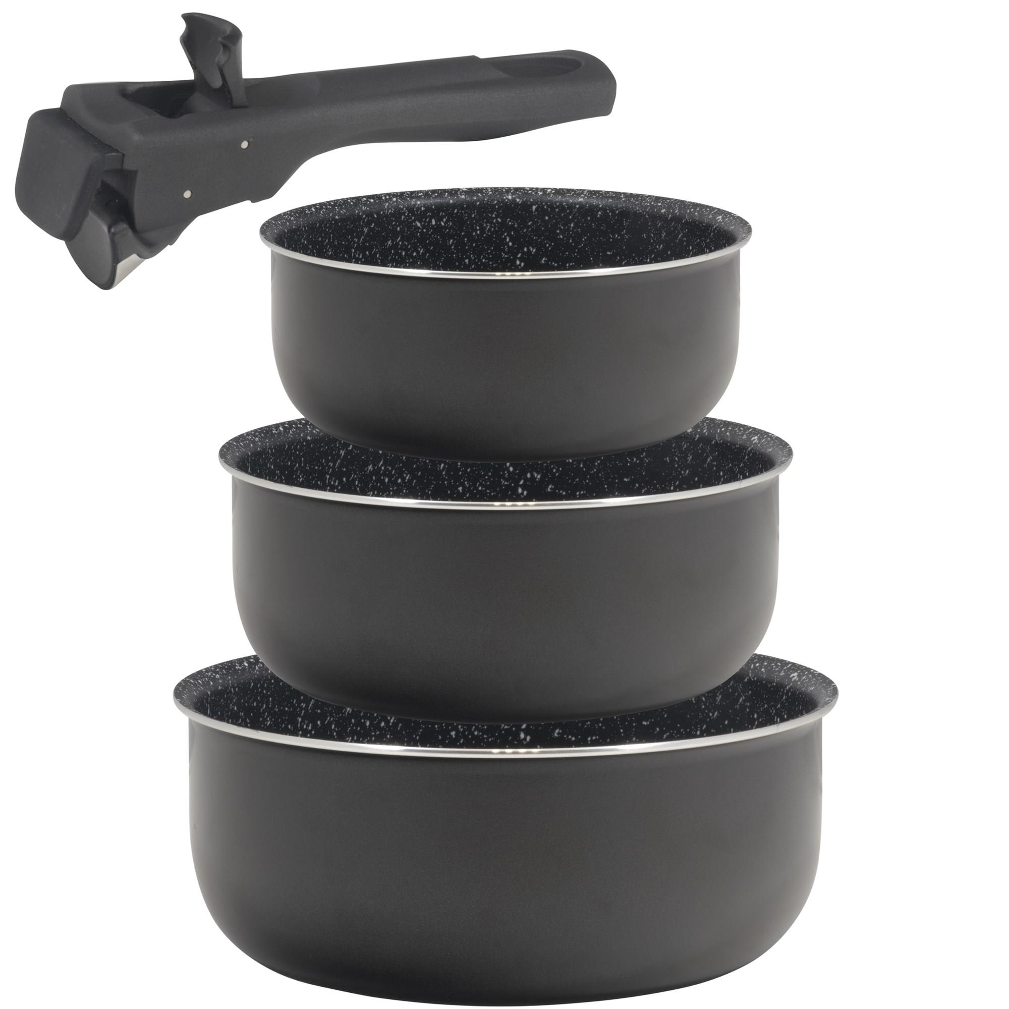 Bergner Click&amp;Cook Set of 3 saucepans 16/18/20cm pressed aluminum suitable for induction black WITH handle