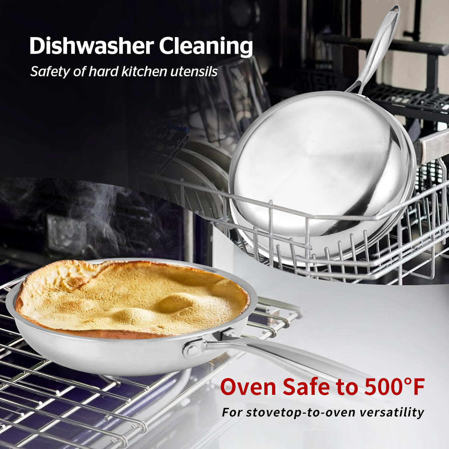 Whole Body Triply 304 Stainless Steel Induction Frying Pan Skillets Oven/Dishwasher-Safe PFOA/PFAS Free Fast &amp; Even Heat