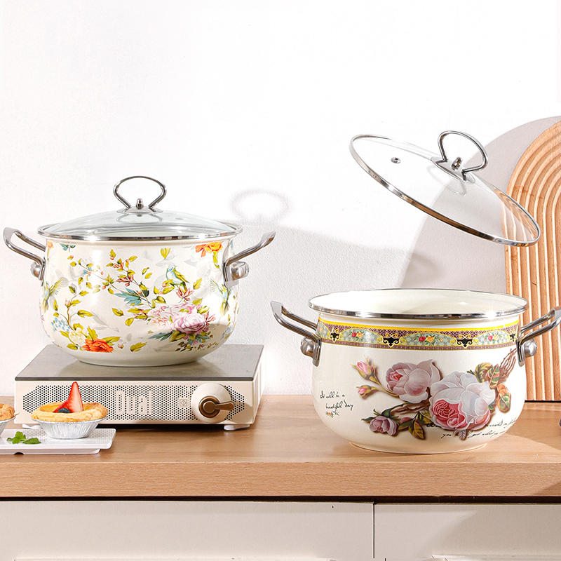 Wholesale Customized 20/24/30cm 3pcs Gas Enameled Steel Cooking Casserole Soup Stock Pots Enamel Printed Pot Set Cookware