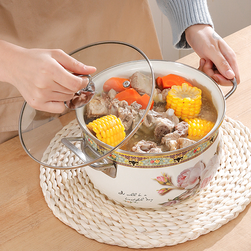 Wholesale Customized 20/24/30cm 3pcs Gas Enameled Steel Cooking Casserole Soup Stock Pots Enamel Printed Pot Set Cookware