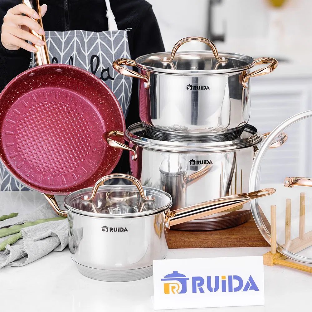 Stepped and Rolled Edge 8PCS Straight Bottom Copper Handle Cookware Set