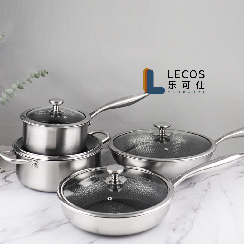 LECOS Professional Vendor Kitchen Accessories Set 8 Piece Cooking Pots Set Fry Pan Nonstick Coating Stainless Steel Cookware Set
