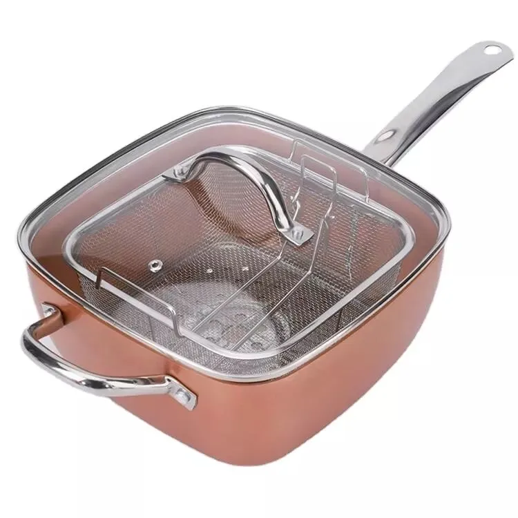 Copper-Color Aluminum Alloy Square Soup Pot Non-Stick Kitchen Soup Square Soup Pot Cookware with Basket