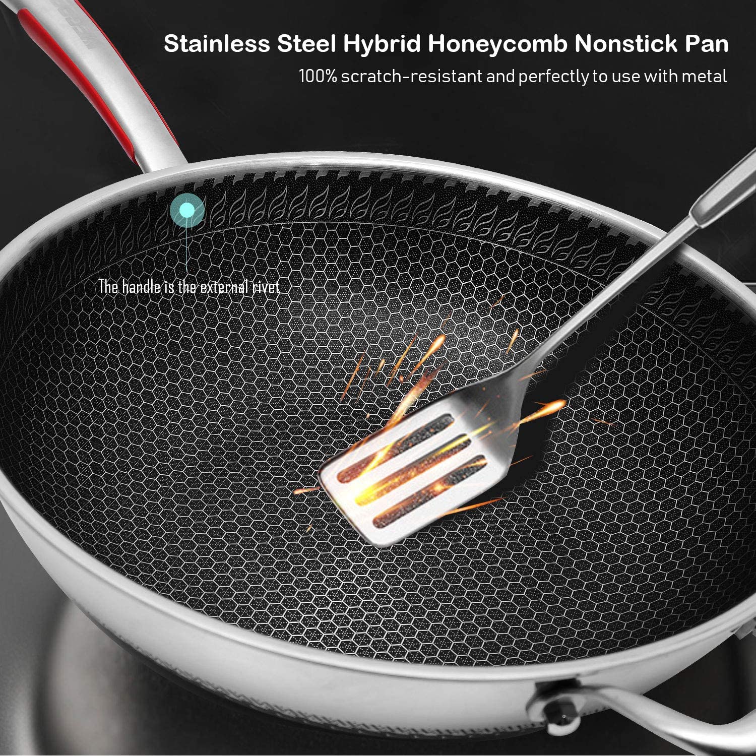 Stainless Steel Nonstick Wok Pan with Lid Honeycomb Design Non-Stick Stir Fry Wok Pans
