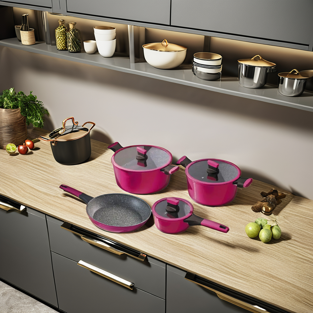 Customized Aluminum Forged 7pcs Healthy Durable Non-Stick Cookware Set with Marble Coating Induction Base Soft Touch Handles