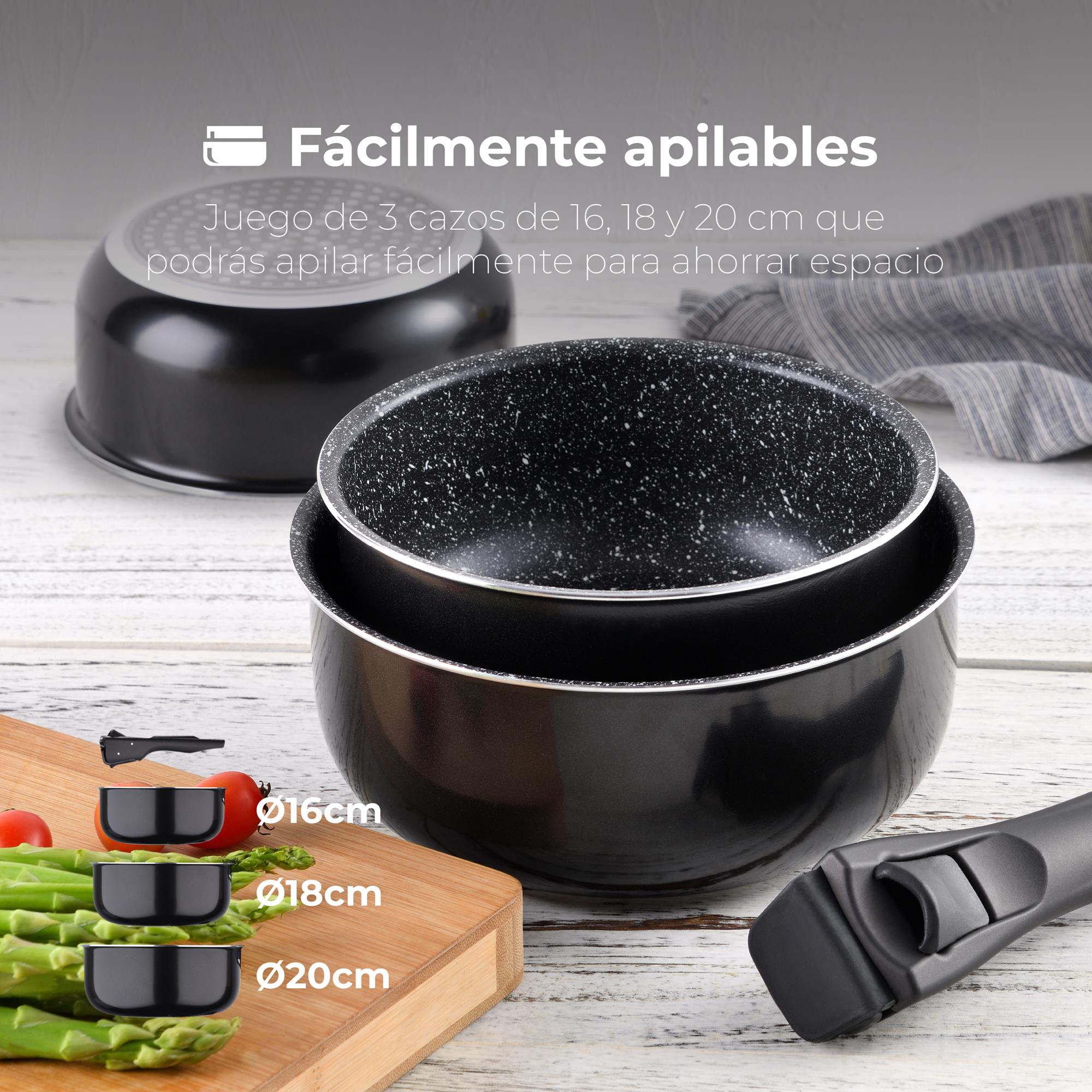 Bergner Click&amp;Cook Set of 3 saucepans 16/18/20cm pressed aluminum suitable for induction black WITH handle