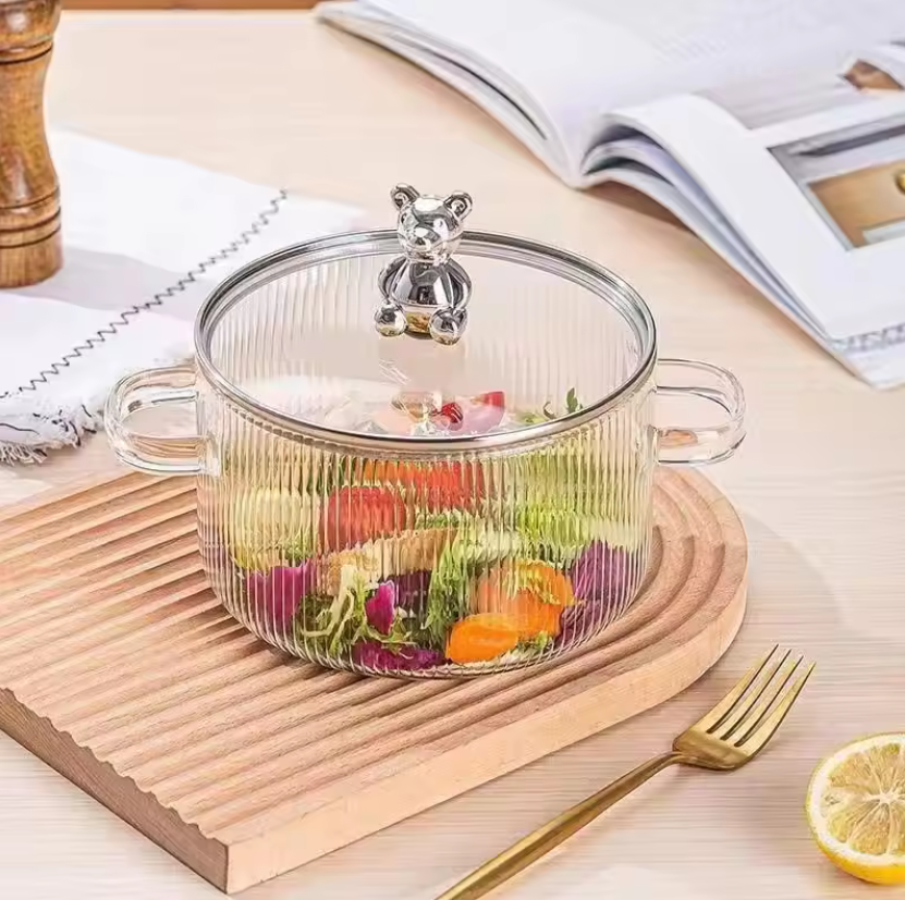 1.5L High Quality Bear Kitchen Heat Resistant High Borosilicate clear Glass Cooking Pot