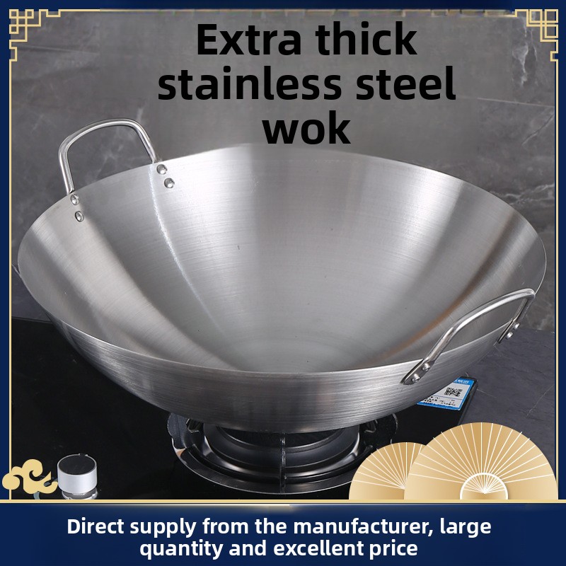 Multiple Sizes of Double Handle Stainless Steel 201 Wok, Suitable for Restaurants and Household Stir Fry