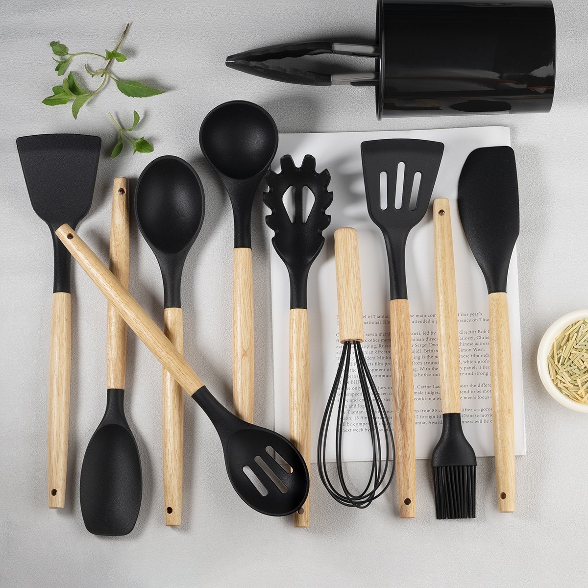 12pcs Silicone Bakeware Set with Wooden Handle for Home Baking &amp; Cooking Kitchenware Tools