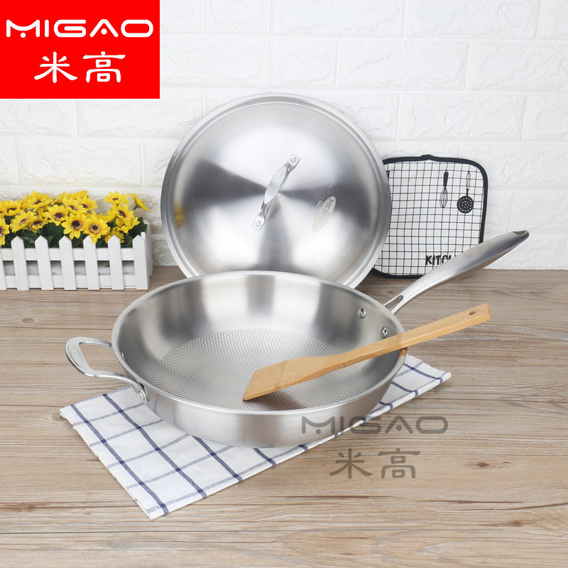 304 Stainless Steel Wok With Lid Thickened Non-Stick Stir Fry Pan For Cooking