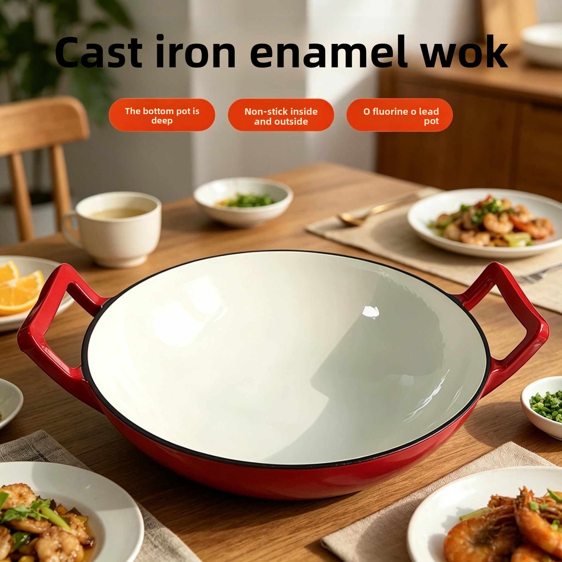 Gloss Red Enamel Cast Iron Wok Double Handle Induction Gas Compatible Chinese Frying Pan