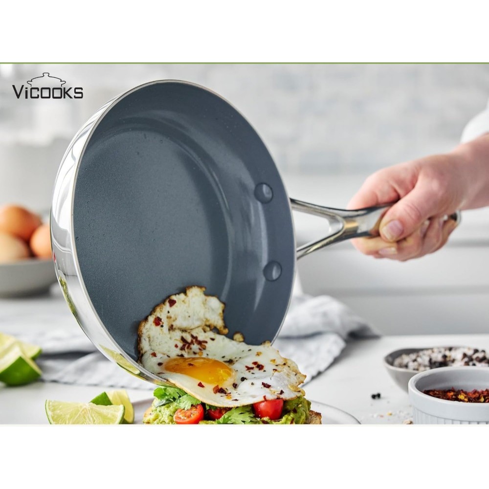 Tri-Ply Fully Clad Stainless Steel Ceramic Non-Stick Frying Pan - Best for Small Kitchens