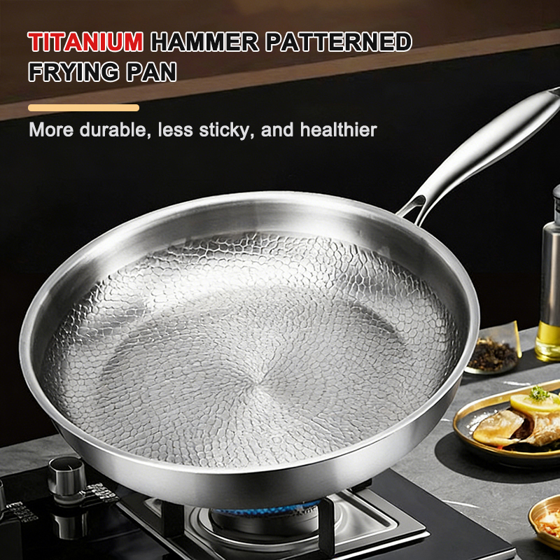 26/28/30cm No Coating Non Sticky Fry Pan Kitchen Cooking Food Grade Stainless Steel Titanium Hammered Frying Pan With Lid