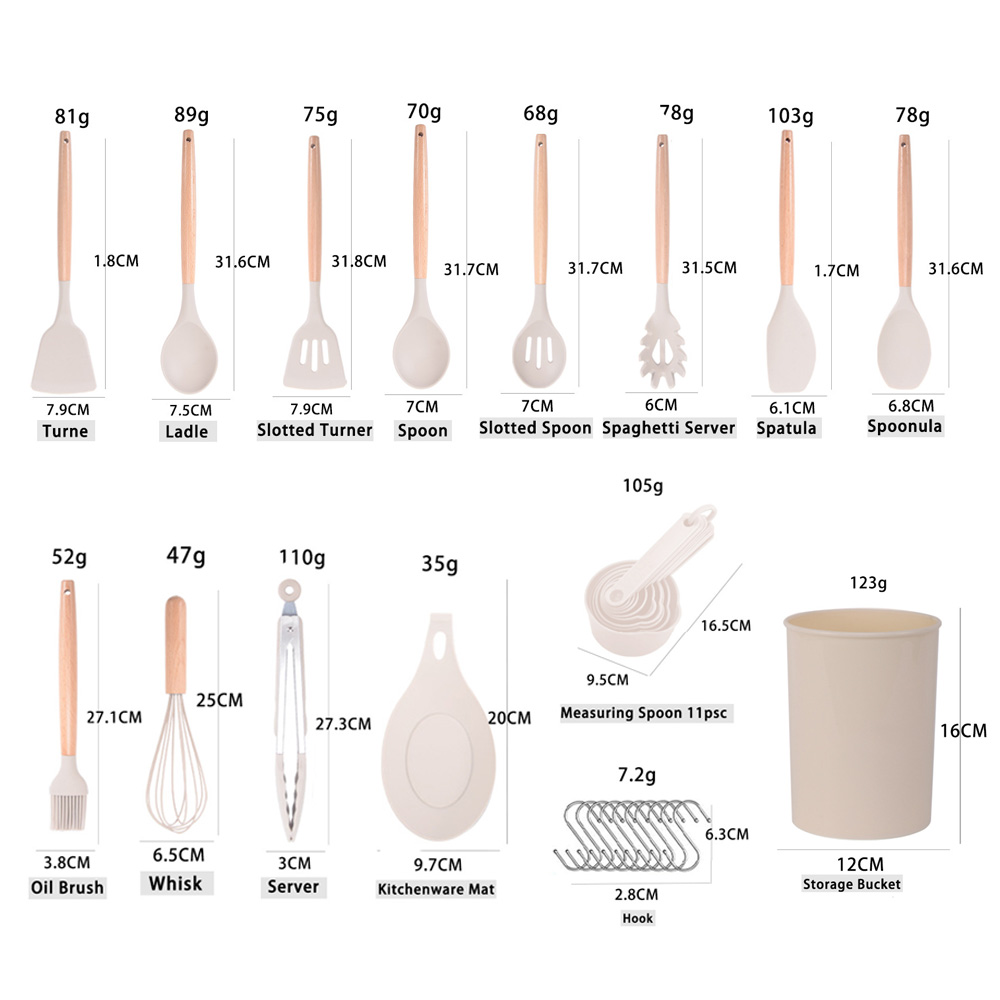 Professional Custom 33 Pcs Silica Gel Non Stick Cooking Tool Cookware Set Silicone Kitchen Utensils Set With Wooden Handle