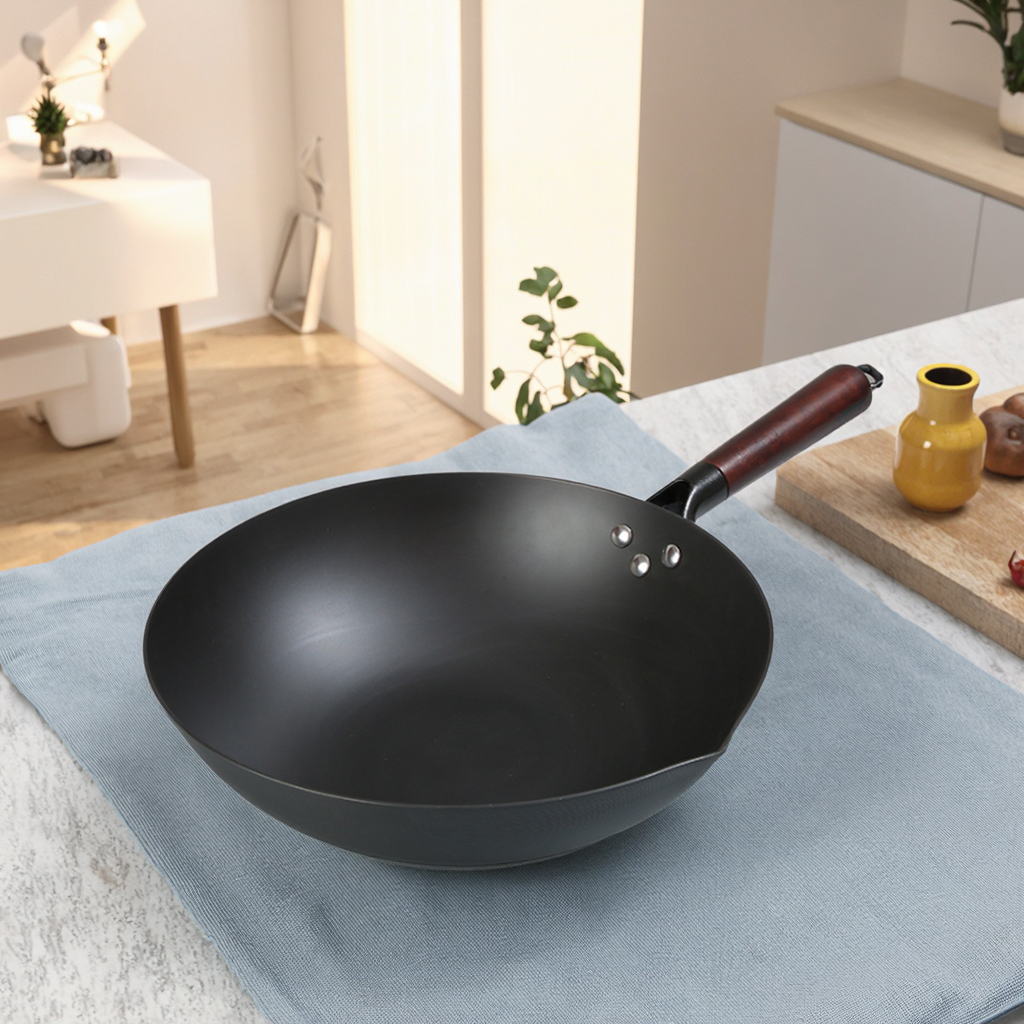 Traditional Chinese Stir-Fry Wok Pan Japan Style Seasoned Carbon Steel with Removable Handle
