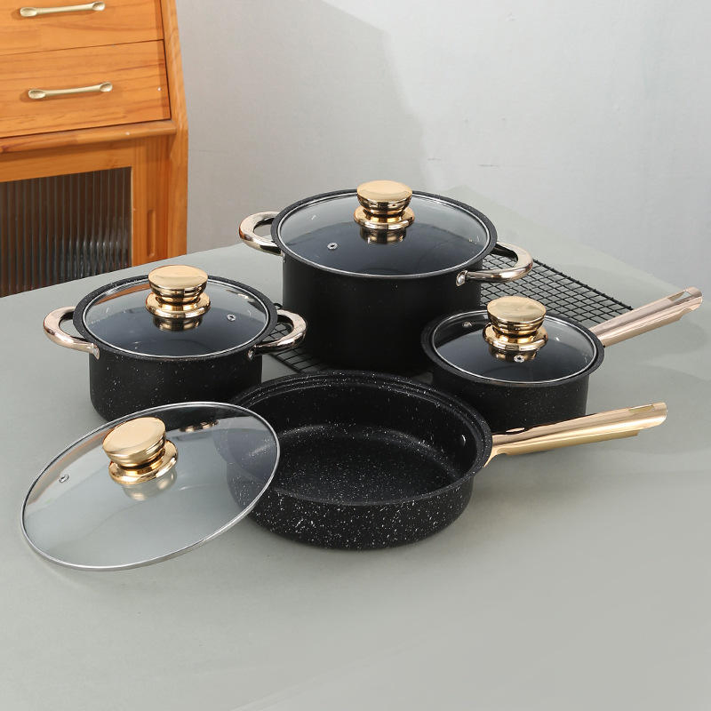 8-Piece Thicken Marble Coated Non-Stick Cookware with Gold-Plated Handle Cookware Kitchenware