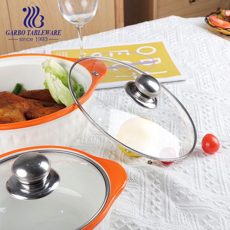 Ceramic Baking Bowl with Handle Glass Lid Covered Baking Casserole Dish Set Durable Porcelain Pan Round Cookware Casserole