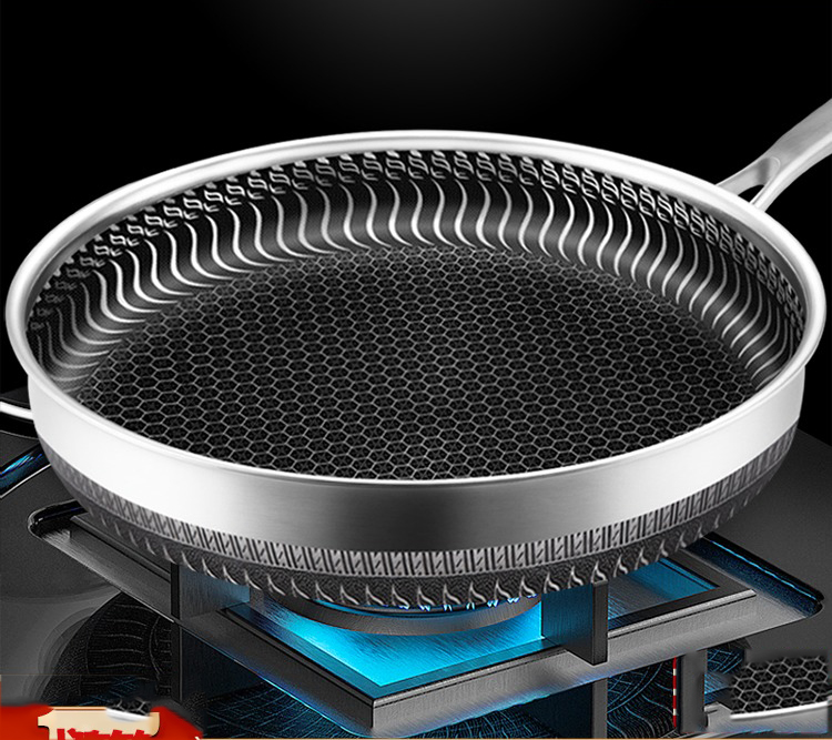 30cm Stainless Steel Tri-Ply Non-Stick Fry Pan with Glass Lid Honeycomb Design Non-Toxic and Eco-Friendly Kitchen Tool